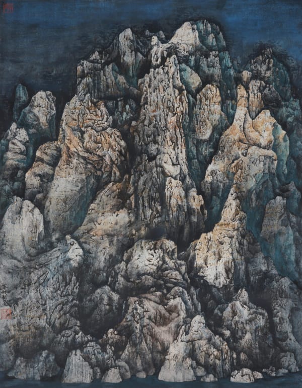 Blue landscape ink work with mountain walls like stone walls