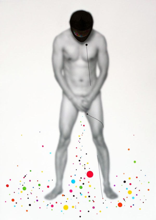 A defocused photo of a man standing nude with his head down and some hand-painted colored dots on the surface