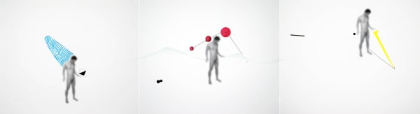 A triptych of a man standing upright nude, but each one is decorated with red, yellow and blue dots and lines respectively