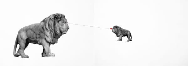 A large and a small two lions standing opposite each other, with lines linking them in the middle