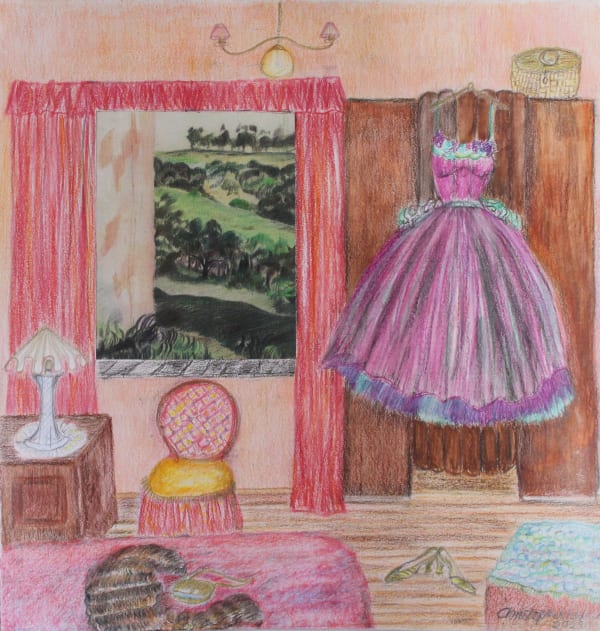 Christopher Peter, Preparations for a country ball collage, insert of farm landscape., 2025