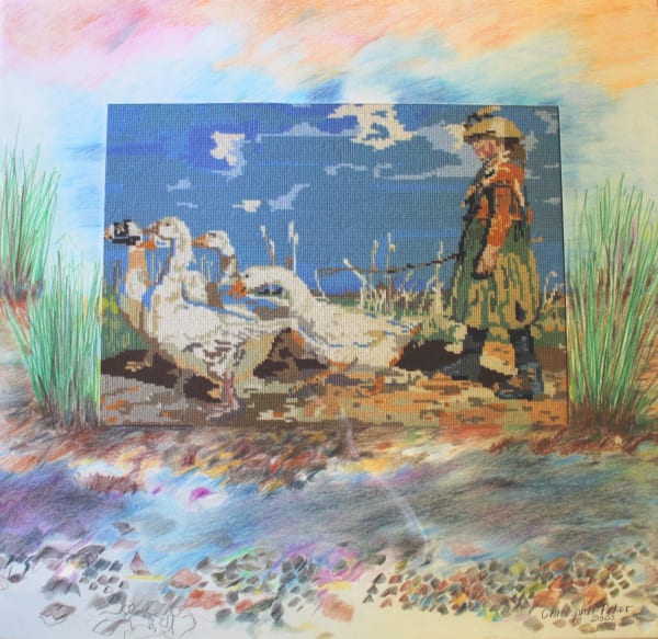 Christopher Peter, The goose girl revisited with an evening sky and a running book., 2005