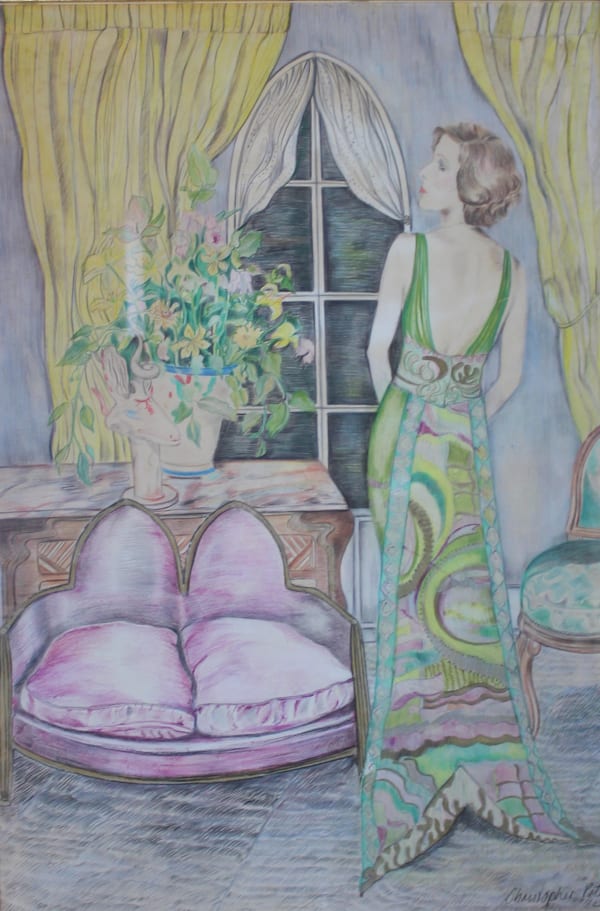 Christopher Peter, The fish tail evening gown. On the table, an early Hylton Nel ceramic horned animal., 1982