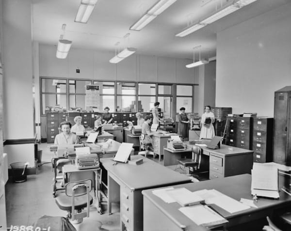 Steno pool in office, Engineering Department, 1959. Source: Seattle Municipal Archives