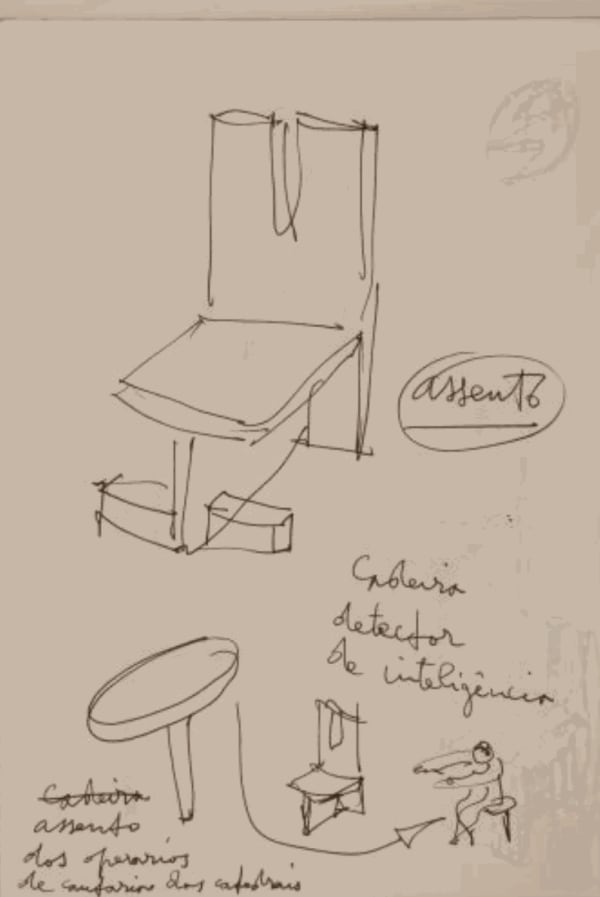 Sesc Pompeia Stool: sketch by Lina Bo Bardi, 1977. Image: Instituto Bardi