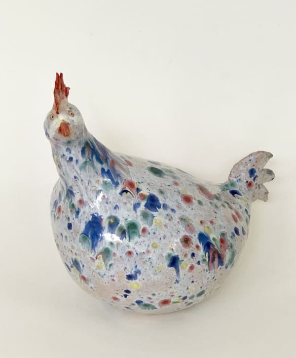 Large Multi Spotted Chicken, earthenware, 13 x 15 x 9 in / 33 x 38 x 23 cm
