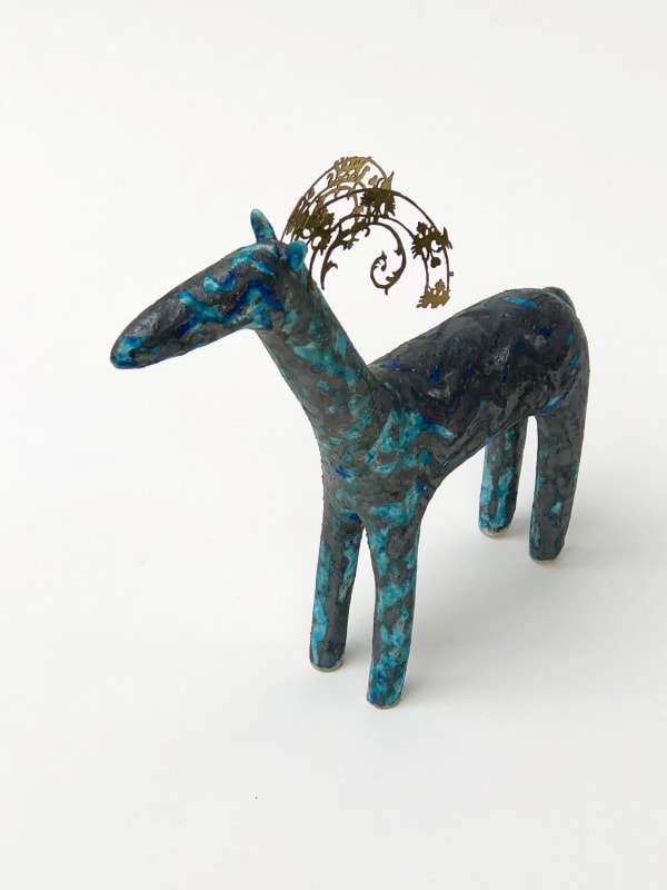 Metallic Horse with Curved Antlers, hand built stoneware, 7 x 6 3/4 in / 18 x 17 cm