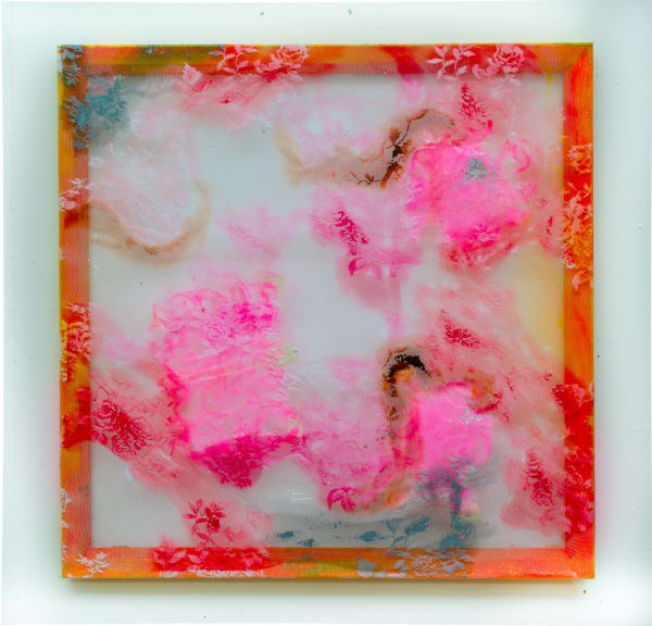 Aoibhin Maguire So Elegant With Frustration 2, 2022 Acrylic and ink on stretched lace, with laminated feathers behind 80 x 80 cm