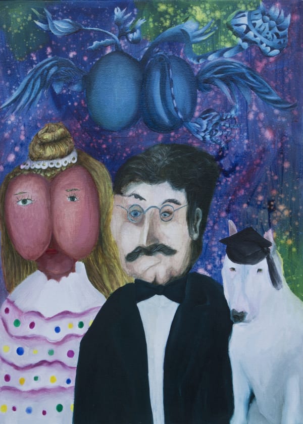 Malgorzata Drohomirecka "Flowers of the Soul are burning under the shell of the ass", 2017 Oil on canvas 70 x 50 x 3 cm