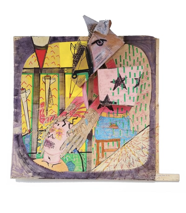 Yves Leather The Sympathy Donkey, 2021 Mixed media on wood, cardboard, oil, chalk, ink 110 x 120 x 18 cm