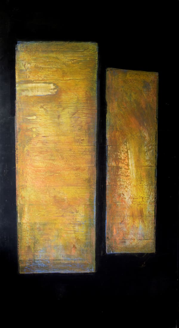 Joanna Cohn Us, 2021 Acrylic, pastel and etching ink on polyester textile fabric, stretched onto timber frame 180 x 90 cm