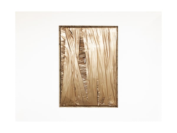 Yves Leather Stay Gold, 2022 Gold leaf spray on plastic in an OSB wooden frame 87 x 57 x 10 cm