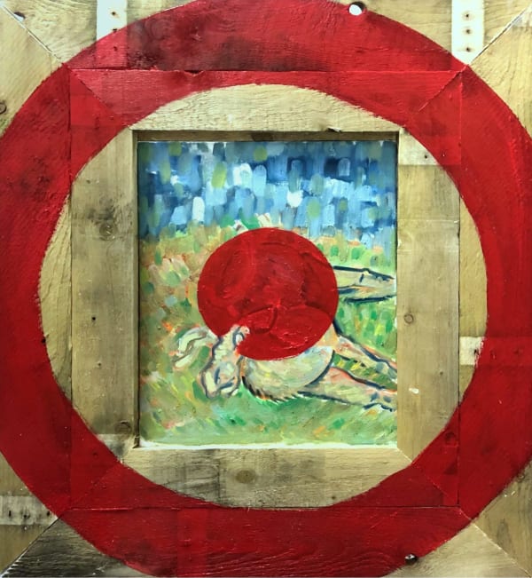 Yves Leather Target Practice, 2022 Oil on canvas, reclaimed wooden frame with painted target 92.5 x 92.5 x 11 cm