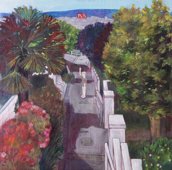 堀越 達人「先で待つ」65x65cm, acrylic, pastel and colored pencil on cardboard, 2022