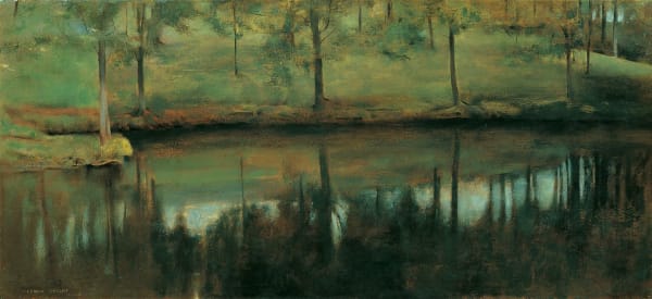FERNAND KHNOPFF 1858-1921 A Fosset. De l'Eau Immobile c.1894 Oil on board Signed; Painted c.1894 16.5 × 35cm EXHIBITED Brussels, Museum of Modern Art, La Libre Esthetique, 1910, no. 113; Brussels, Museum of Modern Art, Fernand Khnopff et Vienne, 1987; London, Whitford and Hughes, Belgian Paintings 1880 - 1930, 1990. LITERATURE DELEVOY R.L., C. de CROES, G. OLLINGER-ZINQUE. Fernand Khnopff, Catalogue de l’Oeuvre, Lebeer Hossmann, Brussels, p. 41, no. 247 bis; Fernand Khnopff et Vienne, exhibition catalogue, Museum of Modern Art, Brussels, 1987, p. 17 and p. 102, no. 9; Belgian Paintings 1880 - 1930, Whitford and Hughes, London, 1990., cat. no 3.