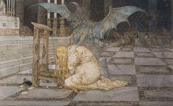 GUSTAVE ADOLF MOSSA 1883 - 1971 Gretchen dans la cathédrale 1913 Pen, Ink and Watercolour 29 x 46.3 cm EXHIBITED Visions Rich and Strange 1880 - 1920, Whitford and Hughes, London, 1982, cat. no. 29.