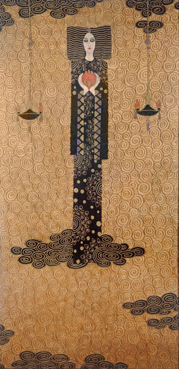 VITTORIO ZECCHIN La Principessa del Fuoco c.1916 Tapestry, silk and gold thread 290 x 130cm Executed c. 1916 EXHIBITED Moments et Follies de la Femme Fatale, Whitford and Hughes, 1985, cat. no. 36.