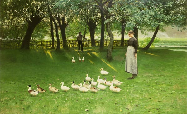 Emile Claus 1849 - 1924 The Duck Girl c. 1880 oil on canvas 73 x 113 cm PROVENANCE Private collection; Whitford and Hughes, London. EXHIBITED Belgian Paintings 1880-1930, Whitford and Hughes, London, 1990. LITERATURE Belgian Paintings 1880-1930, Whitford and Hughes, London, 1990, cat. 1, ill.