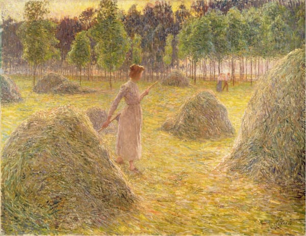 Emile Claus 1849 - 1924 The Gleaners c. 1890 oil on canvas 91 x 121 cm PROVENANCE Mlle de Bon, Antwerp; Whitford and Hughes, London. EXHIBITED A Clear View: The Belgian Luminist Tradition, Whitford and Hughes, London, 1987. LITERATURE A Clear View: The Belgian Luminist Tradition, Whitford and Hughes, London, 1987, cat. 12, ill.