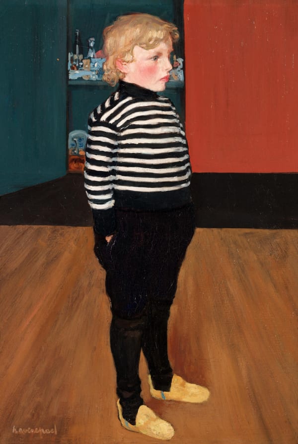 Henri Jacques Edouard Evenepoel 1872 - 1899 Charles au Jersey Rayé 1898 Oil on canvas 73 x 50 cm EXHIBITED Charleroi, Cercle Artistique et Littéraire, XXIIe Salon, Retrospective Evenepoel, 1948; Antwerp, Koninklijk Museum voor Schone Kunsten, Retrospective H. Evenepoel, 1953, no. 116; Laren, Singer Museum, Flemish Paintings, 1850-1950, from Realism to Expressionism, 1960, no. 31; Paris, Musée de l’Orangerie, L’Art flamand, Ensor a Permeke’, 1970, no. 98; London, Royal Academy, Ensor to Permeke, Nine Flemish Painters 1880-1950, 1971, no. 164; Brussels, Palais des Beaux-Arts, L’Art en Belgique 1885-1950: Hommage a Luc et Paul Haesaerts, 1978; London, Whitford and Hughes, Belgian Paintings 1880-1930, 1990. LITERATURE LAMBOTTE, Paul. Henri Evenepoel. Brussels, 1908, p. 104; HAESAERTS, Luc and Paul. Henri Evenepoel, Brussels, 1932, pl. 14; HELLENS, Franz.Henri Evenepoel. Antwerp, 1947, frontispiece; SMEETS, Albert. L’Art flamand, Ensor a Permeke, Brussels, 1931, p. 442; HAESAERTS, Paul. Peintres Belges Contemporains: Henri Evenepoel, p. 49, no. 23. PROVENANCE Louise de Mey, Charles’ mother; Roland Leten Esq., Ghent; Henri Leten Esq.; Whitford and Hughes, London; Anne and André Leysen; King Baudouin Foundation loan to the Royal Museum of Fine Art, Antwerp.