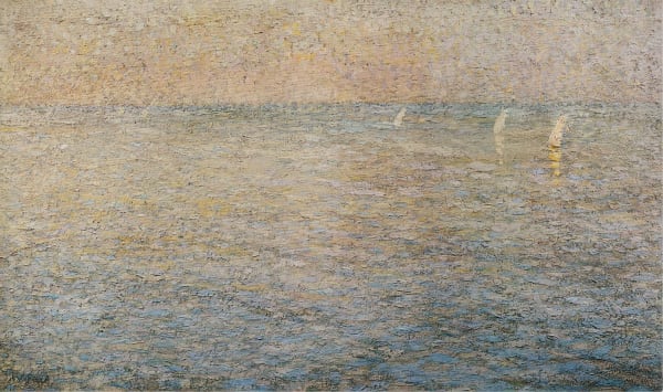 Alfred William Finch 1854 - 1930 Boats as Sea c.1883 Oil on canvas 57 x 97 cm PROVENANCE Willy Schlobach Collection Förster-Schlobach Collection Guy Poeu, Paris. EXHIBITED Le Groupe des XX et son Temps, Royal Museum of Fine Arts, Brussels, 1962. Le Groupe des XX et son Temps, Galerie Kroller-Muller, Otterlo, 1962. Belgian Paintings 1880-1930, Whitford and Hughes, London, 1990. LITERATURE Le Groupe des XX et son Temps, exhibition catalogue, Brussels, 1962, no. 39, plate IX. Belgian Paintings 1880-1930, Whitford and Hughes, London, 1990, cat. 2, ill.