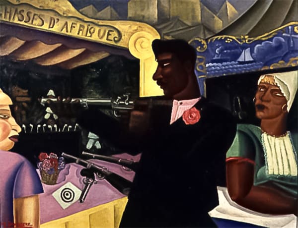 ALBERT DROESBEKE 1886 - 1929 Chasses d'Afrique 1928 Oil on board 64 x 84 cm PROVENANCE Galeries Apollo, Brussels; Whitford and Hughes, London, 1990. EXHIBITED Brussels, Galeries Apollo, 1942; London, Whitford and Hughes, Belgian Paintings. 1880-1930, 1990. LITERATURE London, Whitford and Hughes, Belgian Paintings. 1880-1930, 1990, cat. no. 13, ill.
