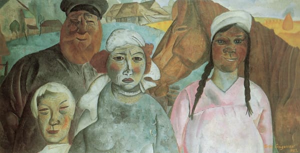 BORIS GRIGORIEV 1886 - 1939 The Peasant Family 1923 Oil on canvas laid down on board 89 × 175 cm PROVENANCE David Burliuk, New York, 1964; Grosvenor Gallery, London, 1967; Whitford and Hughes, London, 1986. EXHIBITED London, Grosvenor Gallery, Aspects of Russian Experimental Art 1900-1925, 1967; London, Whitford Fine Art, Modernism and Tradition, 1986. LITERATURE Aspects of Russian Experimental Art 1900-1925, exhibition catalogue, Grosvenor Gallery, London, 1967, no. 37, cover illustration; Modernism and Tradition, exhibition catalogue, Whitford Fine Art, London, 1986, cat. no. 14, ill.