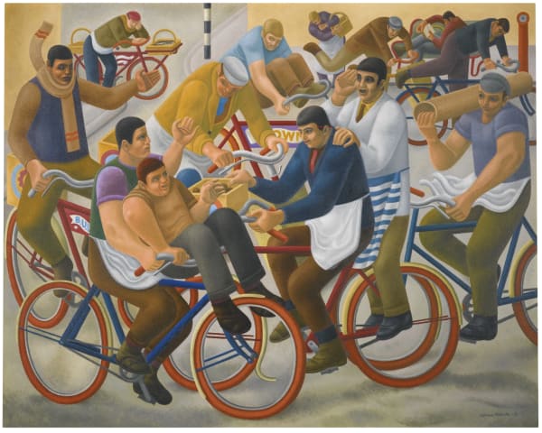 WILLIAM ROBERTS ARA, LG 1895-1981 Bicycle Boys 1939 Oil on canvas 81.25 × 101.5 cm PROVENANCE Leicester Galleries, 1941; The Redfern Gallery, London, 1942; Ernest Copper, Esq.; Whitford and Hughes, London, 1989. EXHIBITED Oxford, Ashmolean Museum, Young British Painters, 1939. London, The Redfern Gallery, William Roberts, Exhibition of Drawings and Oils, 1942 (as Errand Boys); London, The Arts Council, Tate, William Roberts, A.R.A. Retrospective Exhibition, 20th November - 19th December 1965 (as Errand Boys), with tour to Laing Art Gallery, Newcastle, and Whitworth Art Gallery, Manchester; Rotterdam, Museum Boymans-van Beuningen, De Fiets, 1977; London, Whitford and Hughes, Modern British Paintings 1880 - 1960, 1989. LITERATURE Young British Painters, Ashmolean Museum, exhibition catalogue, Oxford, 1939, cat. no. 90; William Roberts, Exhibition of Drawings and Oils, The Redfern Gallery, exhibition catalogue, London, 1942, cat. no. 29 (as Errand Boys); ROTHENSTEIN, Sir John. Modern English Painters, Lewis to Moore. 1956, p. 288; William Roberts, Paintings 1917-1958, 1960; William Roberts, A.R.A. Retrospective Exhibition, exhibition catalogue, The Arts Council, Tate, London,1965, cat. no. 62 (as Errand Boys), with tour to Laing Art Gallery, Newcastle, and Whitworth Art Gallery, Manchester; De Fiets, exhibition catalogue, Rotterdam, Museum Boymans-van Beuningen, 1977, cat. no. 90; Modern British Paintings 1880 - 1960, exhibition catalogue, London, Whitford and Hughes, 1989, cat. no. 31, ill.