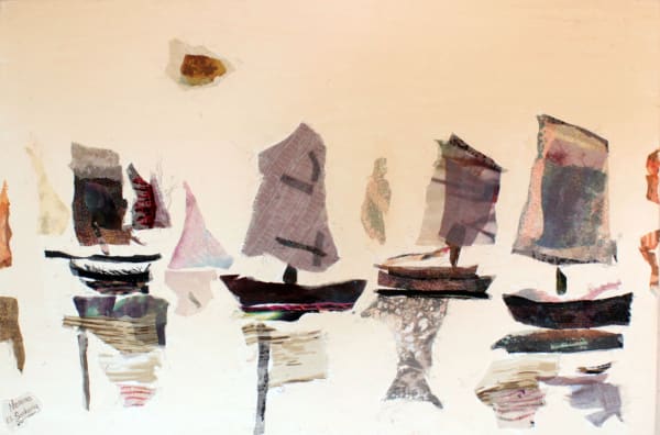 Neama El Sanhoury Fellucas on Stillwater, 2021 fabric collage on linen 55 x 70cm, signed & dated