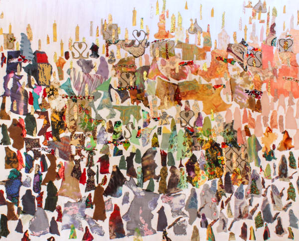 Neama El Sanhoury Fabric of Society I, 2021 fabric collage on cotton mesh on wood 120 x 150cm, signed & dated