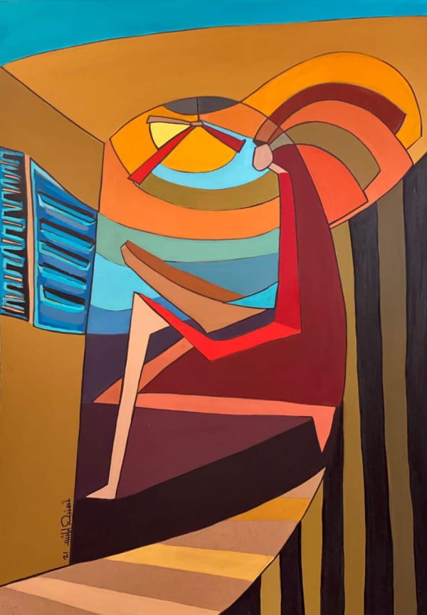 Tasneem El Meshad The Early Riser, 2021 acrylic and oil on wood 100 x 70 cm, signed & dated