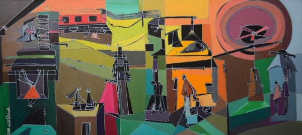 Tasneem El Meshad The Journey of Alignment, 2018 acrylic & mixed media on canvas 65 x 160cm, signed & dated