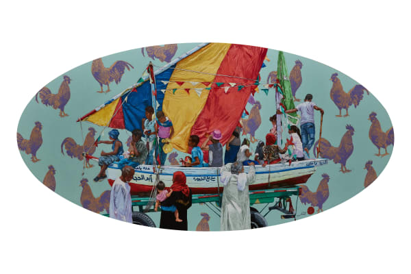 Ahmed Saber Al Moulid I, 2021 acrylic & woodcut on wood 120 x 60cm, signed & dated