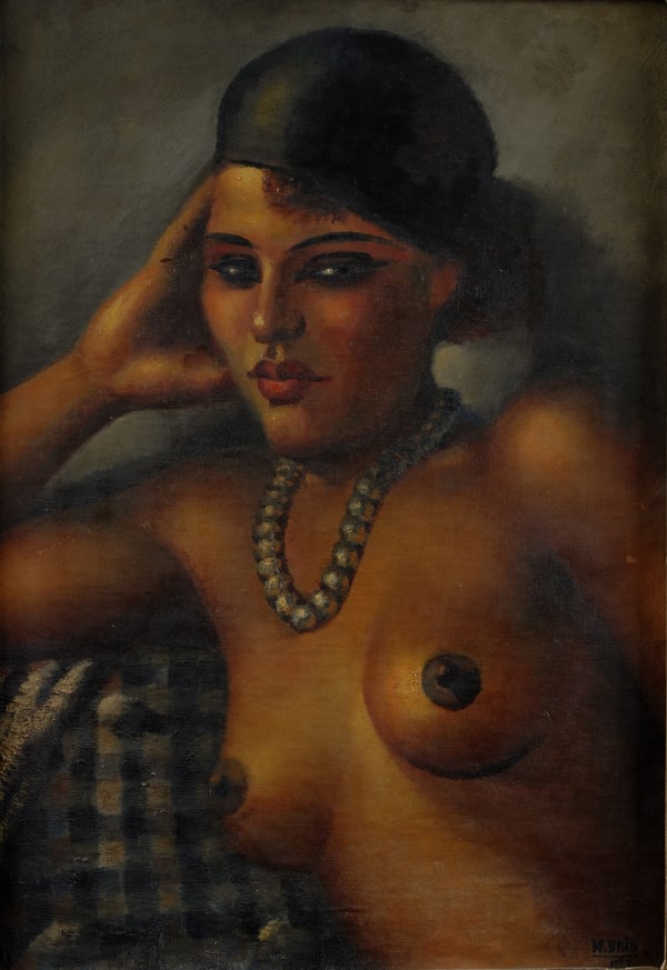Mahmoud Said (1897-1964), La Femme au Collier de Perle, 1953, oil on silotex, 50 x 60cm.