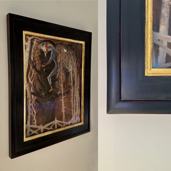 GESSOED WOOD, BLACK WITH RED, GOLD SLIP, UV AND REFLECTION RESISTANT GLASS