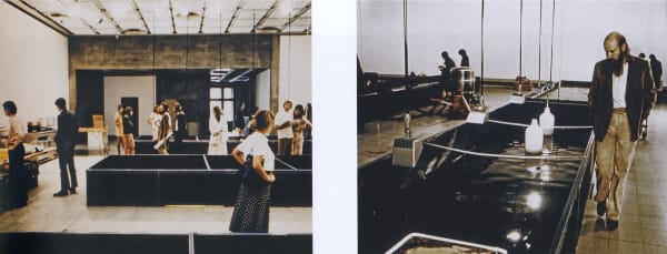 Survival Piece III: Portable Fish Farm Fish Feast, 1971 Six tanks of catfish, brine shrimp, oysters and lobsters, electrocution chamber and skinning station for catfish. Performance involving seafood feast with fish harvested during the exhibition. Originally exhibited as part of the exhibition 11 Los Angeles Artists, at Hayward Gallery, London, 1971.