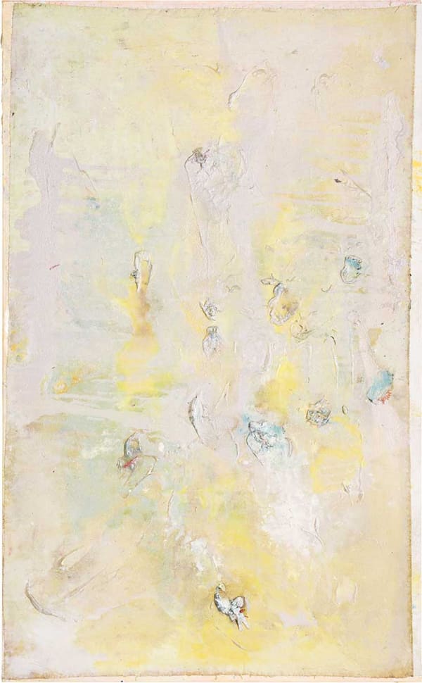 Frank Bowling, Horsing Around, 2016, Acrylic on collaged and printed canvas with plastic additions, 152.4 x 94 cm, 60 x 37 1/8 in