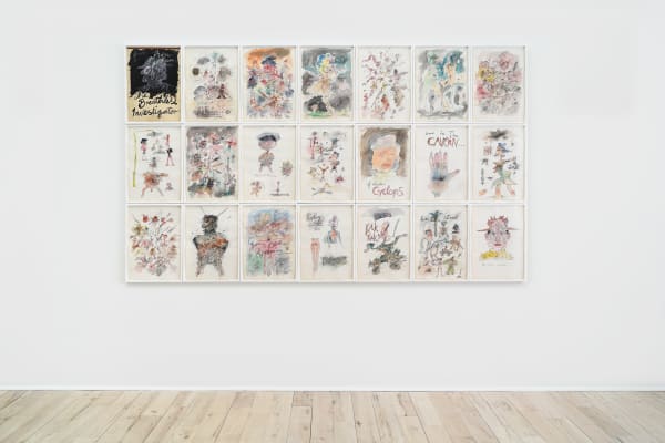 Jeff Keen, Further Adventures of the Breathless Investigator, c. 1970s, Watercolour, pencil, ink, and collage on paper in twenty-one (21) parts, Each: 41.8 x 29.5 cm, 16 1/2 x 11 5/8 in, Framed, each: 44.6 x 31.8 cm, 17 5/8 x 12 1/2 in