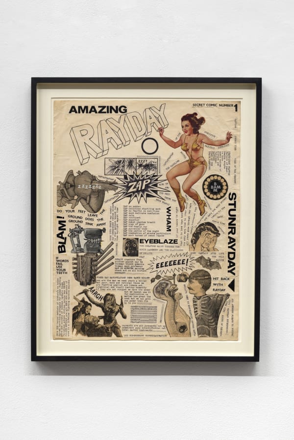 Jeff Keen, Secret Comic 1, 1962, Newsprint, typewrite on paper, pencil, ballpoint pen, and correction fluid collage, 44.2 x 35 cm, 17 3/8 x 13 3/4 in, Framed: 53.9 x 43.8 cm, 21 1/4 x 17 1/4 in