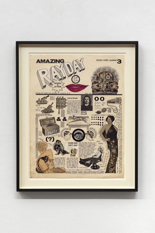 Jeff Keen, Secret Comic 3, 1965, Newsprint, typewrite on paper, pencil, ballpoint pen, and correction fluid collag,e 44 x 34.5 cm, 17 3/8 x 13 5/8 in, Framed: 53.9 x 43.8 cm, 21 1/4 x 17 1/4 in