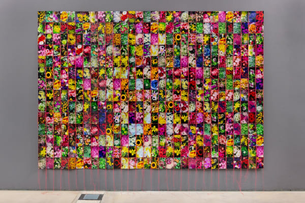Hunter Reynolds, Ray Navarro's Bed of Mourning Flowers, 2018 (1990), Photo-weaving with chromogenic prints and thread, 123.5 x 194 x 211 cm, 48 5/8 x 76 3/8 x 83 1/8 in
