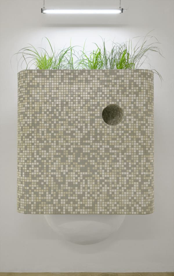 Rachael Champion, Mountain Flattening Initiative, 2014, Glass mosaic tiles, plaster, grasses, and soil, 264 x 132 x 61 cm, 104 x 52 x 24 1/8 in