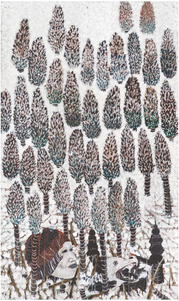 Omar Ba, Champ de Riz à Kidal, 2014, Oil, acrylic, and pencil on corrugated card, 200 x 120 cm, 78 3/4 x 47 1/4 in