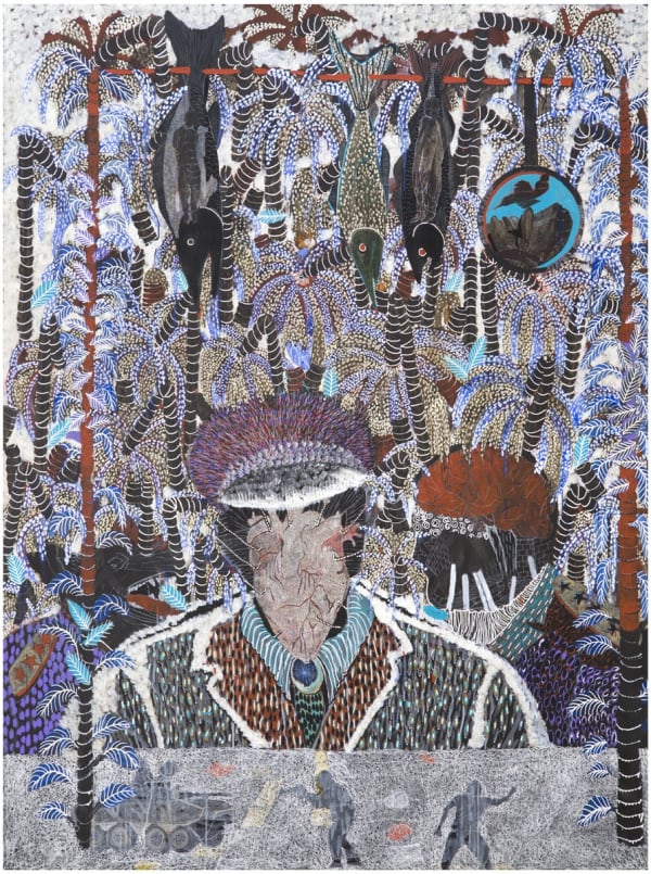 Omar Ba, CPI (Cour Pénale Internationale), 2014, Oil, acrylic, and pencil on corrugated cardboard, 200 x 150 cm, 78 3/4 x 59 1/8 in, Framed: 215 x 163.5 x 5 cm, 84 5/8 x 64 3/8 x 2 in