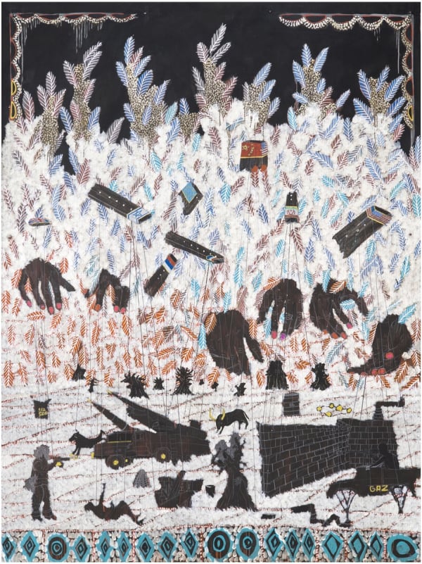 Omar Ba, Marionnette, 2014, Oil, acrylic, and pencil on corrugated cardboard, 200 x 150 cm, 78 3/4 x 59 1/8 in