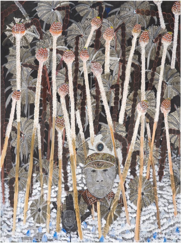 Omar Ba, Naufrage, 2014, Oil, acrylic, Chinese ink, and pencil on corrugated cardboard, 200 x 150 cm, 78 3/4 x 59 1/8 in