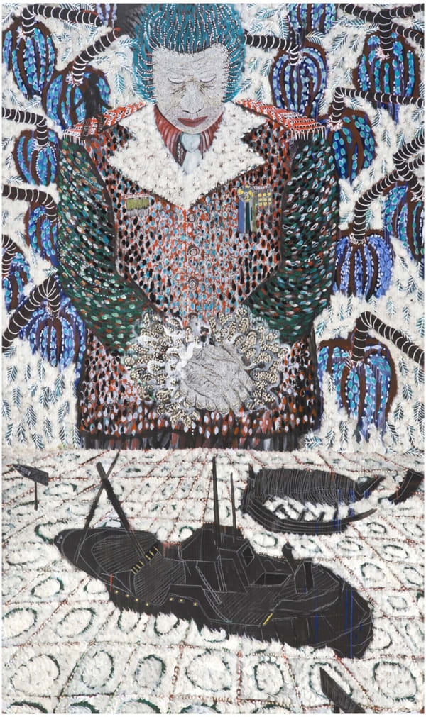 Omar Ba, Naufrage à Melilla, 2014, oil, acrylic and pencil on corrugated cardboard, 200 x 120 cm, 78 3/4 x 47 1/4 in