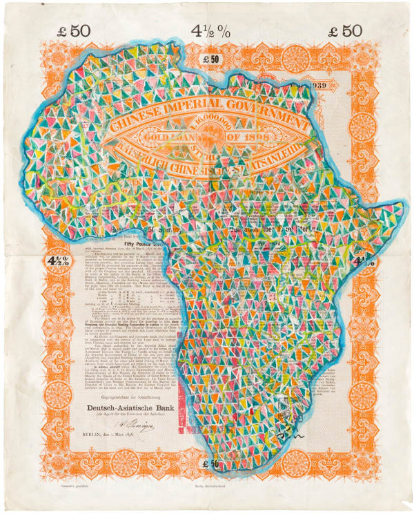 Hew Locke, Chinese Imperial Gold Loan 7, 2014, Acrylic on antique paper share certificate, 50 x 40 cm, 19 3/4 x 15 3/4 in, Framed: 57.6 x 47.7 x 4 cm, 22 5/8 x 18 3/4 x 1 5/8 in