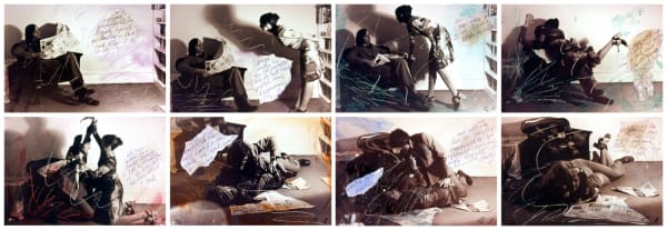 Carolee Schneemann, Aggression for Couples, 1972, 8 photographs with hand-written text and paint wash, Framed: 43.8 x 113.7 cm, 17 1/4 x 44 3/4 in, each photo: 17.1 x 25.4 cm, 6 3/4 x 10 in