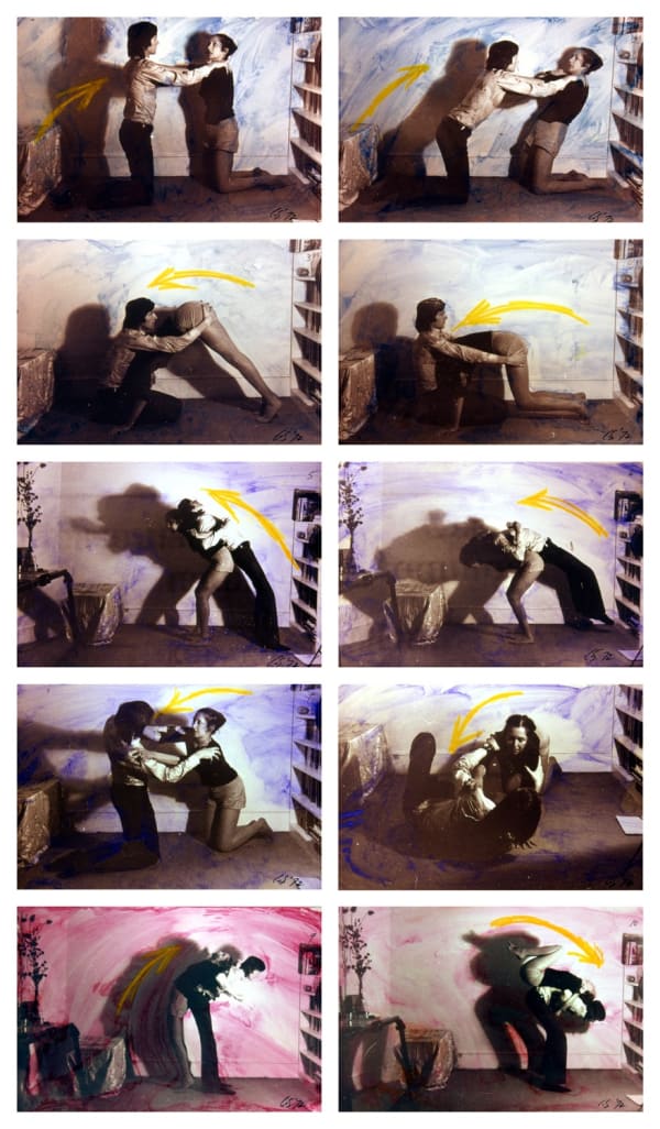 Carolee Schneemann, Exercise for Couples, 1972, 10 silver prints with paint wash, Framed: 99.1 x 60.3 cm, 39 x 23 3/4 in, each photo: 17.1 x 25.4 cm, 6 3/4 x 10 in